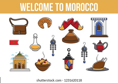 Afiche informativo promocional de la agencia de viajes de Marruecos con símbolos culturales. Prendas elegantes, platos exóticos, reliquias antiguas, joyas antiguas e insólitas ilustraciones vectoriales en banner con texto de muestra.