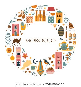 Morocco travel card with famous cultural symbols and architecture stylized in circle shape. Moroccan design elements border frame with tourist landmarks, arabic souvenirs, animals and food.