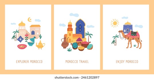 Tarjetas de viaje de Marruecos. País caliente. Lugares famosos turísticos y Elementos tradicionales. Cocina nacional y arquitectura. Palacios antiguos. Bazar oriental. Camello beduino