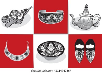 Morocco travel collection of icons Vector isolated illustration, Moroccan cultural symbols SET