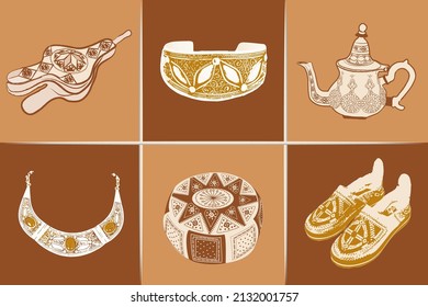 Morocco travel collection of icons Vector isolated illustration, Moroccan cultural symbols SET. Terracotta colors