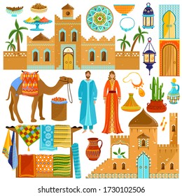 Morocco travel destination in Africa, national culture and traditions, isolated icons, vector illustration. Sightseeing tour to Morocco, oriental cuisine and bazaar market with colorful rugs carpets