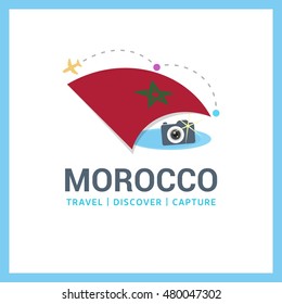 Morocco Travel, Discover, Capture logo - Vector travel Photographer logo design - Country Flag Travel, Discover and Photgrapher Conceptual logotype - vector illustration
