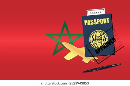 Morocco Travel Documentation Concept with blue Passport and Morocco Flag. Approved Stamp. Airplane and Travel Tickets. Ideal for Immigration Tourism and Traveling Themes. Vector EPS available