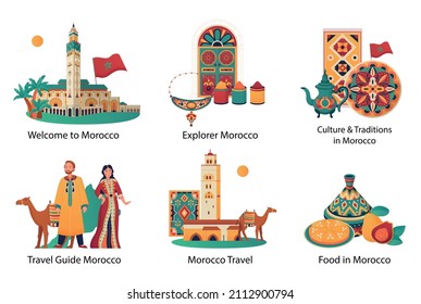 Morocco travel flat compositions set with people wearing national costumes traditional cuisine objects landmark isolated vector illustration