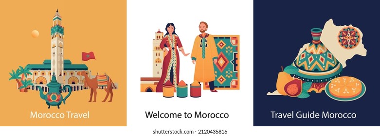 Morocco travel guide flat design concept with traditional food people wearing national costumes landmark pottery camel isolated vector illustration