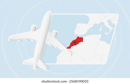 Morocco Travel Illustration with Plane and National Flag. Ideal for travel agencies, promotional materials, or geographic content related to Morocco.