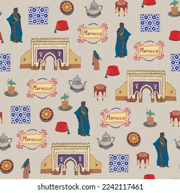 Morocco travel landmark seamless vector pattern.