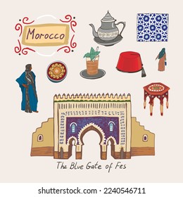 Morocco travel landmark vector illustrations set.