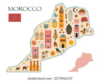 Morocco travel map with famous tourist symbols such as architectural buildings, culture, souvenirs, food and animals. Moroccan design print or poster with famous landmarks of Marrakesh, Fez and Rabat.