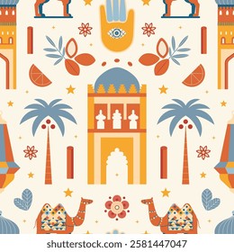 Morocco travel pattern with famous Moroccan symbols, traditional architecture, plants and camels. Arab country seamless background with monuments, animals and local souvenirs as argan and mint tea.