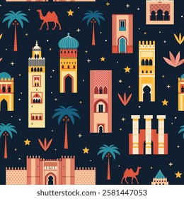 Morocco travel pattern with famous Moroccan architecture buildings silhouettes. Tourist landmarks, ancient and modern monuments. Arab seamless background with popular architectural symbols.