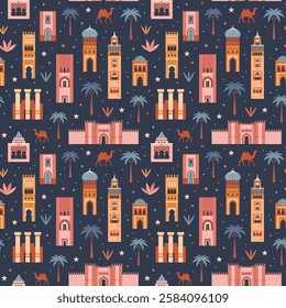 Morocco travel pattern with famous Moroccan architecture buildings silhouettes. Tourist landmarks, ancient and modern monuments. Arab seamless background with popular architectural symbols.