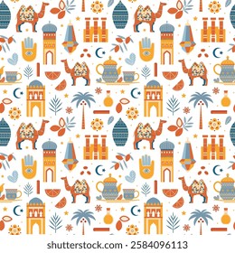 Morocco travel pattern with famous Moroccan symbols, traditional architecture, plants and camels. Arab country seamless background with monuments, animals and local souvenirs as argan and mint tea.