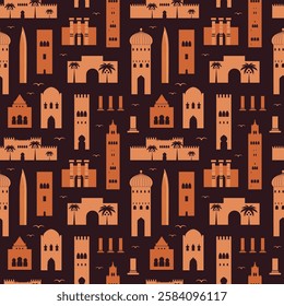 Morocco travel pattern with famous Moroccan architecture buildings silhouettes. Tourist landmarks, ancient and modern monuments. Arab seamless background with popular architectural symbols.