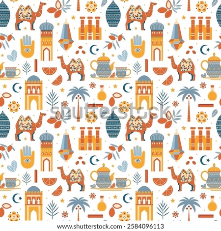 Morocco travel pattern with famous Moroccan symbols, traditional architecture, plants and camels. Arab country seamless background with monuments, animals and local souvenirs as argan and mint tea.
