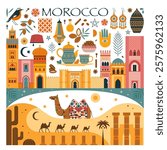 Morocco travel poster or card with famous cultural symbols and architecture. Moroccan postcard for print with tourist landmarks, popular souvenirs, animals, arabic food and architectural monuments.