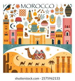 Morocco travel poster or card with famous cultural symbols and architecture. Moroccan postcard for print with tourist landmarks, popular souvenirs, animals, arabic food and architectural monuments.