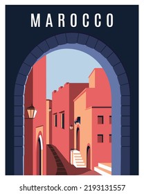 Morocco Travel Poster. Landscape Of City With Houses. Flat Vector Illustration With Minimalist Style.