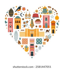 Morocco travel print or card with famous cultural symbols and architecture stylized in heart shape. Moroccan design elements set, postcard with tourist landmarks, arabic souvenirs, animals and food.