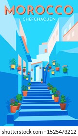 Morocco Travel Retro Poster, Vintage Banner. Flower Blue Street In Old City Chefchaouen. Hand Drawing Flat Vector Illustration.
