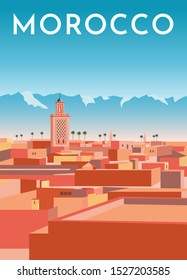 Morocco Travel Retro Poster, Vintage Banner. Panorama Of Marrakech City With Red Houses, Mosque, Blue Mountains And Sky. Hand Drawing Flat Vector Illustration.