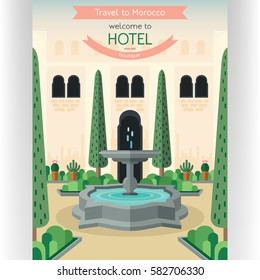 Morocco traveling poster template. Idyllic scenery of Mediterranean backyard of luxury hotel. Streaming fountain and inner garden. Banners and space for custom text. Flat design vector illustration.