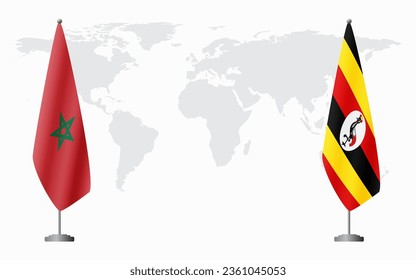 Morocco and Uganda flags for official meeting against background of world map.