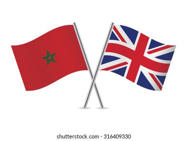 Morocco and United Kingdom crossed flags. Moroccan and British flags, isolated on white background. Vector icon set. Vector illustration.
