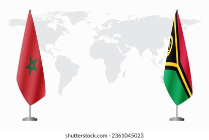 Morocco and Vanuatu flags for official meeting against background of world map.