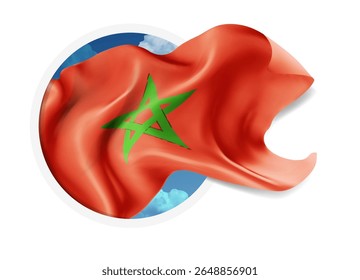 Morocco, vector 3d flag against a blue sky, through a round hole on a white background
