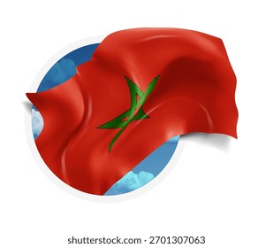 Marrocos, vetor bandeira 3D contra um céu azul, através de um buraco redondo em um fundo branco