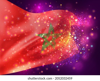 Morocco,  vector 3d flag on pink purple background with lighting and flares