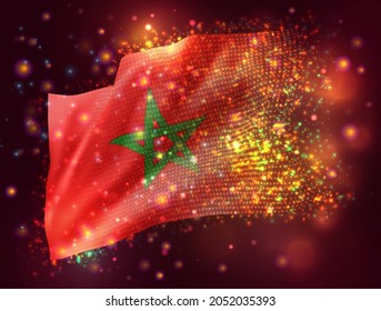 Marokko, Vektor-3D-Flagge auf rosafarbenem violettem Hintergrund, Beleuchtung und Aromen