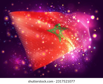 Morocco, vector 3d flag on pink purple background with lighting and flares