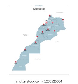 Morocco vector map. Editable template with regions, cities, red pins and blue surface on white background. 