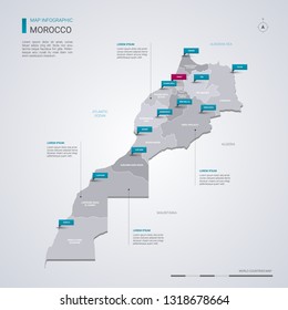 Morocco vector map with infographic elements, pointer marks. Editable template with regions, cities and capital Rabat. 