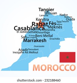 Morocco . vector map with largest cities, carefully scaled text by city population, geographically correct.