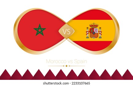 Icono dorado Marruecos versus España para el partido Fútbol 2022, Ronda de 16. Ilustración vectorial.