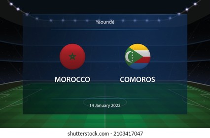 Marokko gegen Comoros Football Scoreboard. Vorlage für grafisches Rundfunkfokus