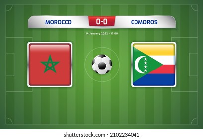 Morocco vs Comoros scoreboard broadcast template for sport soccer africa tournament 2021 Group C and football championship in cameroon vector illustration