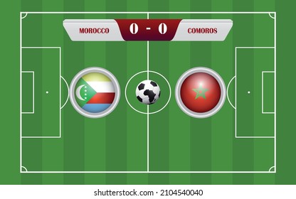 morocco vs comoros scoreboard broadcast template for sport soccer africa tournament 2021 Group E and football championship in cameroon vector illustration.eps
