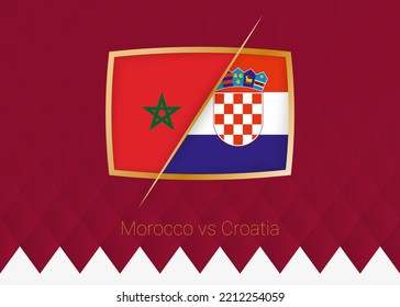 Morocco vs Croatia, group stage icon of football competition on burgundy background. Vector icon.