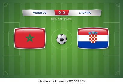 Morocco vs Croatia scoreboard broadcast template for sport soccer tournament and football championship 2022 in qatar vector illustration