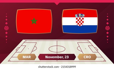 Marruecos vs Croacia, Fútbol 2022, Grupo F. Partido del Campeonato Mundial de Fútbol contra equipos de fondo deportivo, póster final de la competición de campeonato, ilustración vectorial.