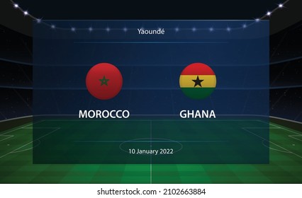 Morocco vs Ghana football scoreboard. Broadcast graphic soccer template with the text Yaounde is a city in Cameroon, with the date and name of the teams