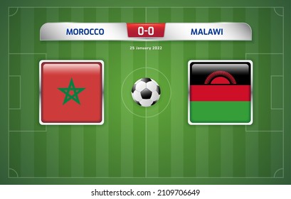 Morocco vs Malawi scoreboard broadcast template for sport soccer africa tournament 2021 Round of 16 and football championship in cameroon vector illustration