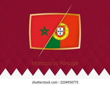 Morocco vs Portugal, Quarter finals icon of football competition on burgundy background. Vector icon.