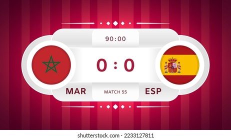 Morocco vs Spain Match Design Element. Flag icons isolated on stylized red striped background. Football Championship Competition Infographics. Announcement, Game Score, Scoreboard Template. Vector