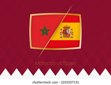 Morocco vs Spain, round of 16 icon of football competition on burgundy background. Vector icon.